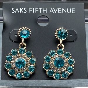 Saks Fifth Avenue Aqua Blue Gemstone Statment Gold Toned Dangle Earrings NWT